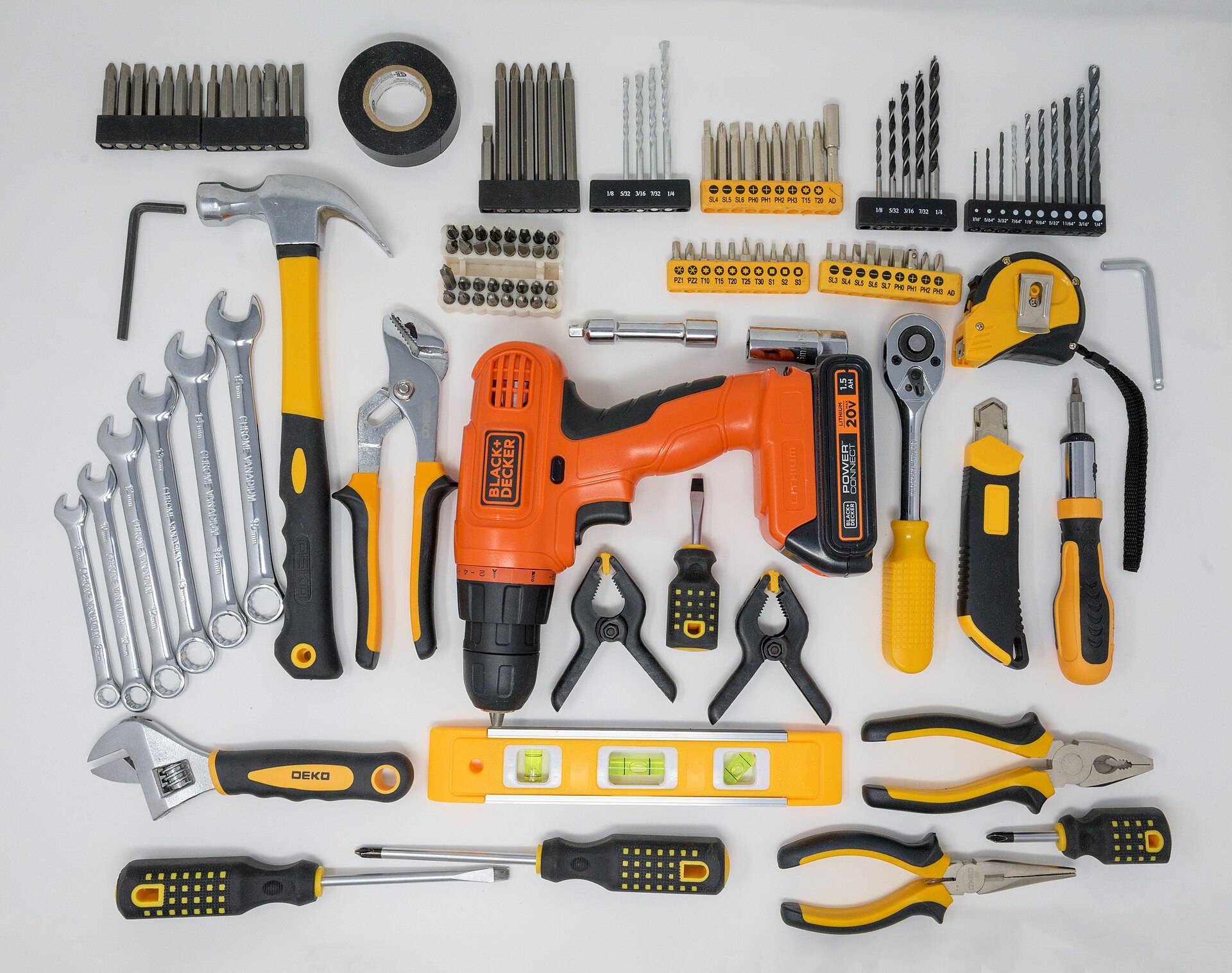 A carefully arranged set of hand and power tools