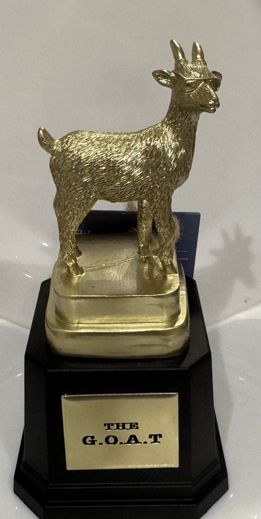 The family G.O.A.T. trophy with a gold goat figure on top